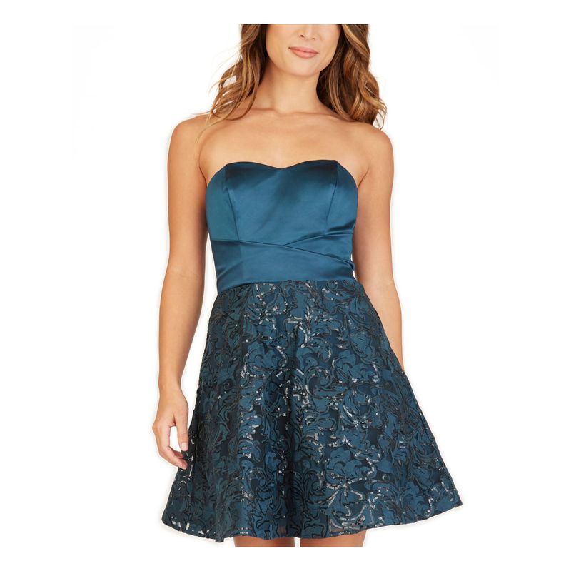 Nwt Bcx Womens Teal Sequined Strapless Mini Party Fit + Flare Dress 1